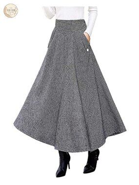 Women's High Waisted Wool Plaid A-Line Long Maxi Skirt Side Pocket Winter